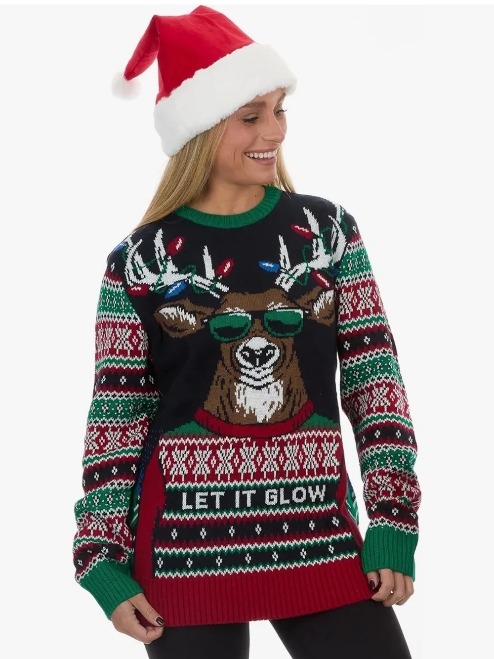 Ugly Holiday Sweater Let It Glow Women’s Red & Green Holiday Reindeer Size L